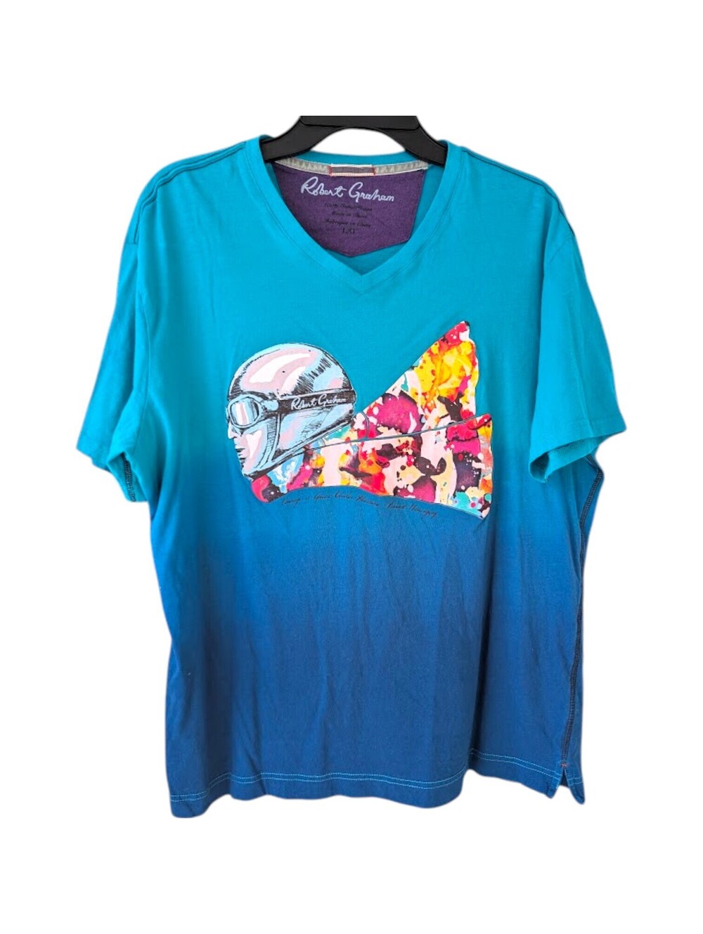 Robert Graham V-Neck T-Shirt XL Blue Gradient Ernest Hemingway Racing Colorful
